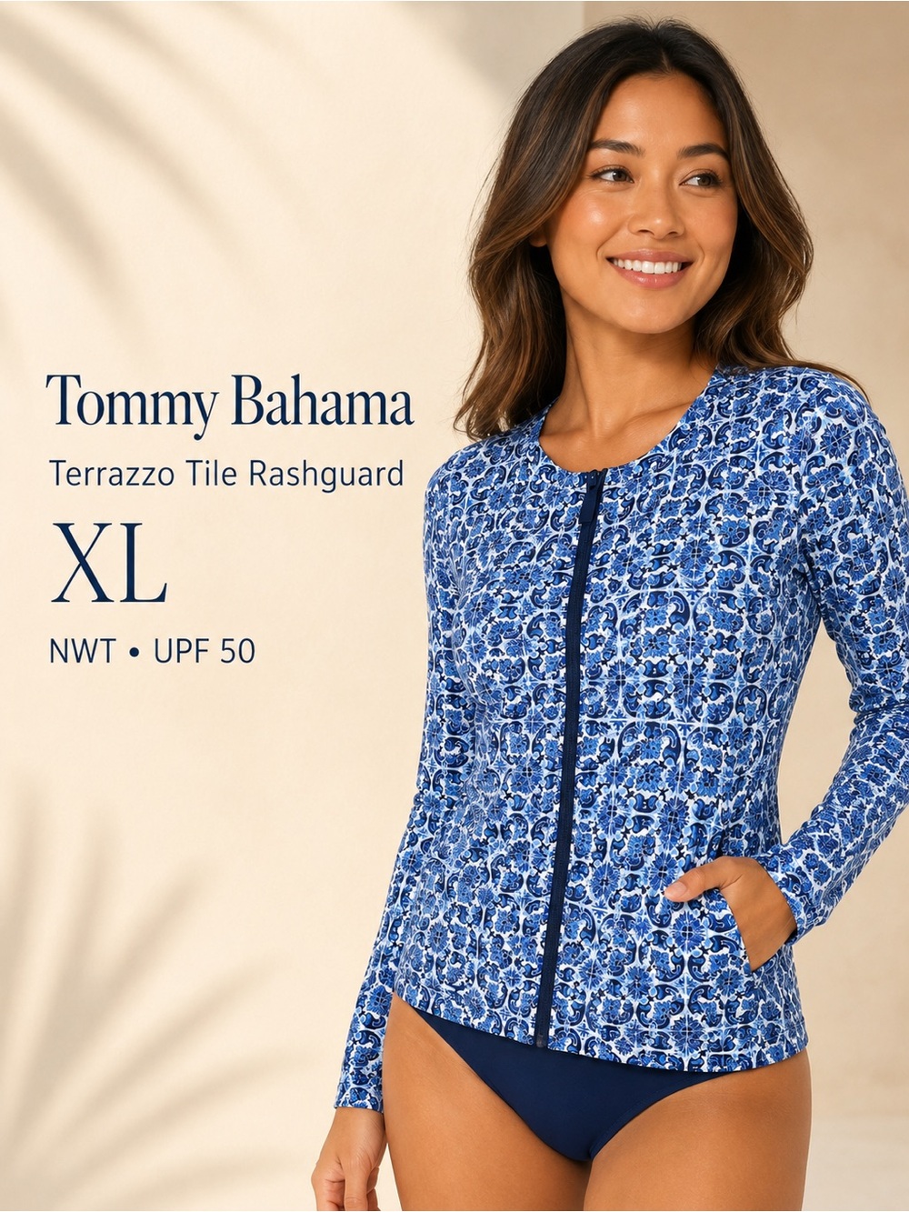 Tommy Bahama Terrazzo Tile Full Zip Rashguard XL Palace Blue NWT UPF 50